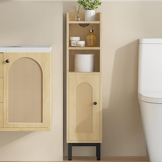 Bathroom Storage Cabinet, Small Corner Floor Cabinet with Door and Shelves, Narrow Toilet Paper Holder, Bathroom Organizer with Adjustable Shelf, for Small Spaces, Rattan Yellow BC08202Y