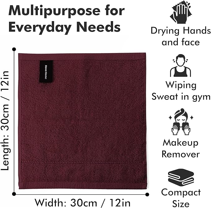 Face Towels Pack of 12 – 100% Cotton Wash Cloths (12x12 inch) – Soft, Quick Dry & Highly Absorbent Hand Towels for Bathroom, Spa, Gym, Kitchen and for Daily Use - (Burgundy)