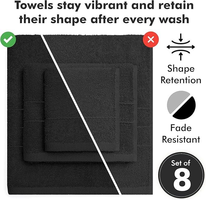 Bath Towels Set of 8 – 100% Cotton (Black) Bathroom Towel Set Bale Includes 2 Bath, 2 Hand, 4 Face Towels – Soft, Absorbent & Quick Dry Towel for Bathroom, Spa, Kitchen, Hotel Use