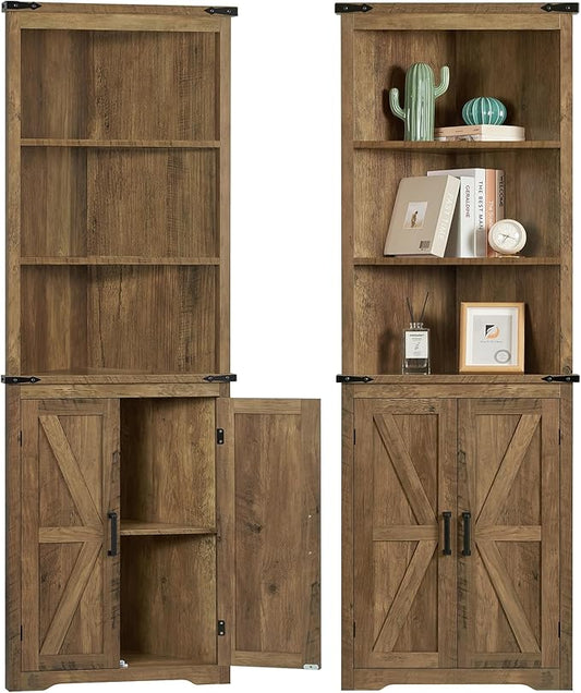 TEENFON Farmhouse Corner Cabinet, 70" H Tall Corner Hutch with 5 Shelves & 2 Barn Doors, Storage Cabinet with Adjustable Shelf, for Living Room, Kitchen, Bathroom, Honey Brown