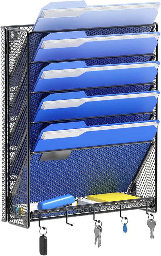 Hanging Wall File Organizer with Hooks, 6 Tier Vertical Wall Mount File Holder, Paper Document Mail Organizer for Office