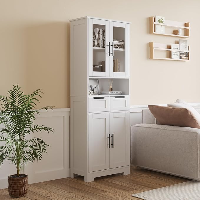 Karl home Tall Bathroom Storage Cabinet, 67" Linen Cabinets for Laundry, Bathroom Cabinet with 2 Drawers, 2 Acrylic Doors & Adjustable Shelves, Freestanding Kitchen Pantry, White