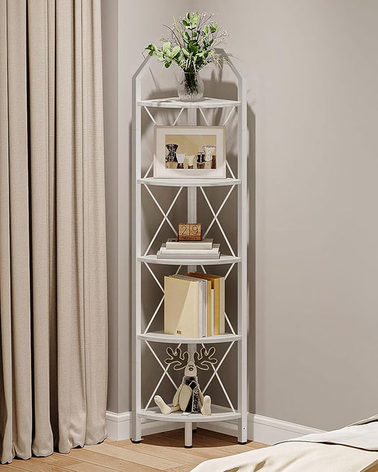 5-Tier Corner Shelf, Industrial Corner Bookshelf, 59.4" Corner Storage Stand, Plant Stand Display Shelf, Corner Bookcase for Bedroom, Living Room, Home Office, White TCJ10WB