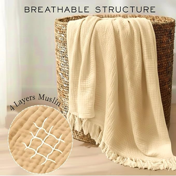 KyraHome 100% Organic Cotton Muslin Throw Blankets for Adults, Pre-Washed Plant Dyed, Women, Couch, Toddler, Lightweight Soft Gauze Blanket for Couch, All Season, Creamy