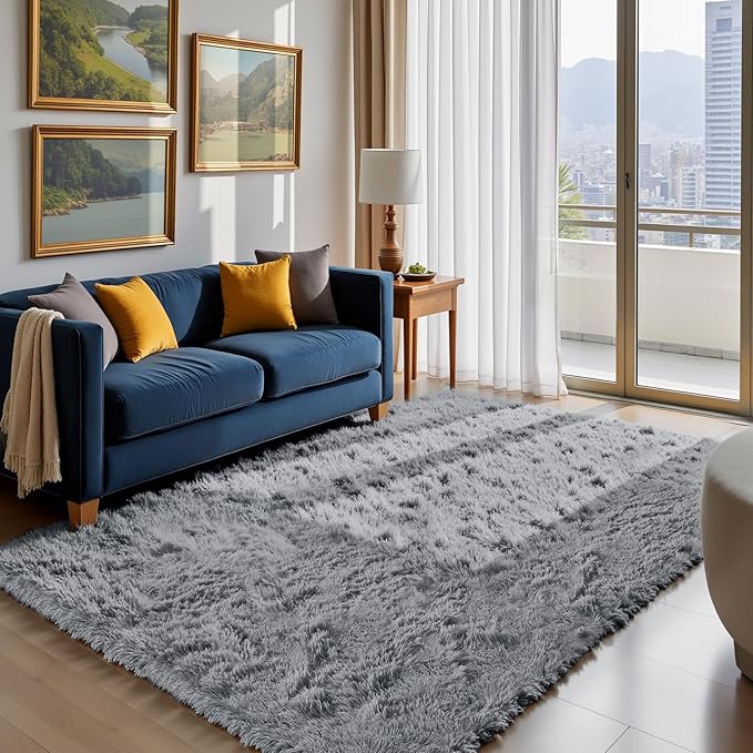 Fluffy Rug Shaggy Area Rug, Light Grey 6x9 Area Rugs for Living Room, Large Shag Area Rugs for Bedroom Kids Room Home Decor, Upgrade Anti-Skid Rectangular Fuzzy Rugs