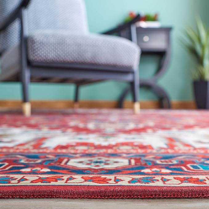 SAFAVIEH Washable Rug Tucson Collection - 3' x 5', Red & Blue, Slip Resistant & Easy to Clean, Ideal for Foyer, Entryway, Kitchen, Bedroom (TSN101Q)