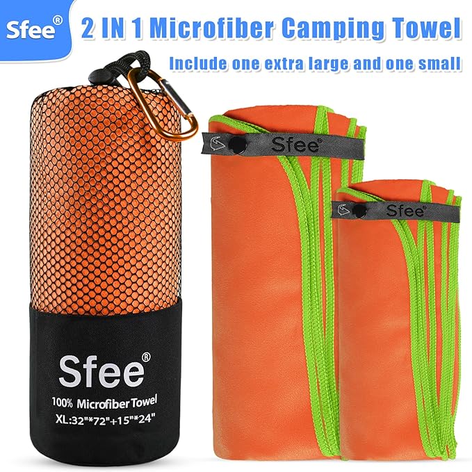 2 Pack Camping Towel, Quick Dry Towel Super Absorbent Travel Microfiber Towels, Fast Drying Compact Soft Lightweight Sports Towel Set for Beach, Hiking, Travel, Gym, Backpacking, Pool +Carabiner