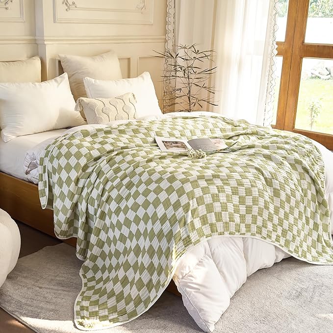 SANACYNA Muslin Blankets for Adults 100% Cotton 6-Layer Gauze Green Grid Cooling Blanket Soft Breathable King Blanket for Sofa Couch Bed Coverlet Both Sides (Green Checkerboard, King 90" X 104")