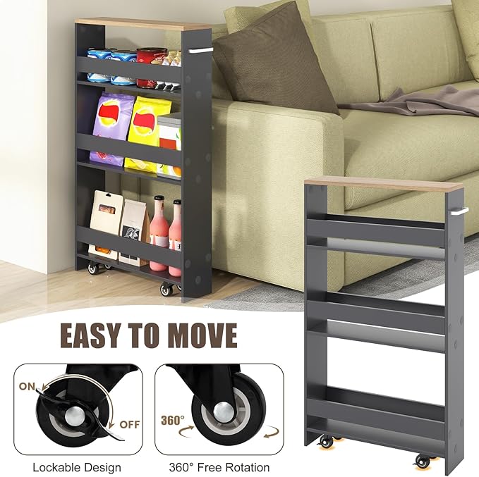 Rolling Storage Cart, 4 Tier Slim Storage Cabinet with 4 Universal Wheels, Convenient Handle, Narrow Laundry Cart for Small Space Bathroom Office