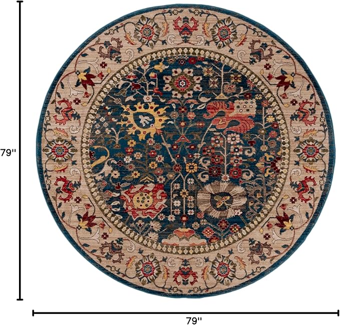 SAFAVIEH Kashan Collection Area Rug - 6'7" Round, Blue & Tan, Geometric Design, Ideal for High Traffic Areas in Living Room, Bedroom & Dining Room (KSN303G-7R)