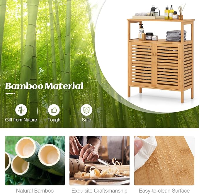 Tangkula Bamboo Floor Cabinet, Bathroom Storage Cabinet with Double Slatted Doors, Open Shelf, Removable Shelf, Storage Organizer for Bathroom Doorway Living Room Kitchen