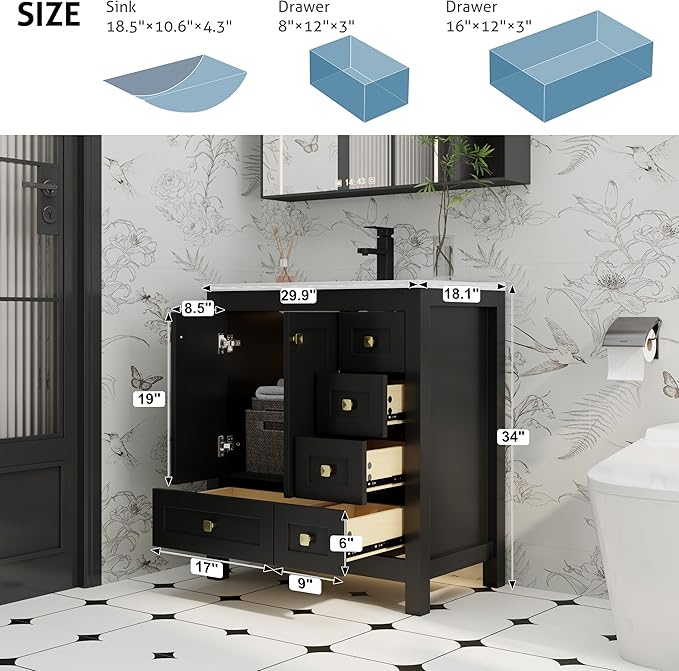 eclife 30" Bathroom Vanities with Sink Combo, Modern Thickened Wood Bathroom Storage Cabinet w/Undermount Sink, Matte Black Faucet Drain, Painted Surface, Black