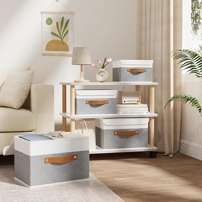 OUTBROS Storage Boxes, Collapsible Storage Bins with Lids, Cotton and linen cloth Storage Baskets with Handle, for Books, Closet, Bedroom, Home, 10.2x7.9x6.7 in, White/Grey