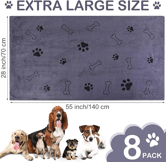 8 Pcs Dog Towels for Drying Dogs Cats Pet Towels Bulk Puppy Microfiber Quick Drying Paw Bath Bathing Supplies Absorbent for Medium Pets(Gray,55 x 28 Inch)