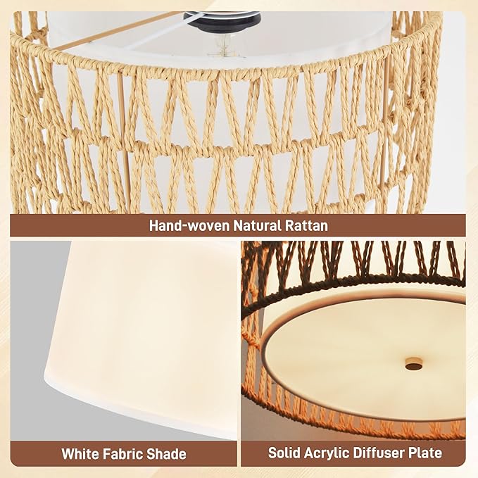 13'' Gold Plug in Pendant Light, Boho Dimmable Hanging Lamp with Rotary Dimmer Switch & 15ft Cord, Rattan & Fabric 2-in-1 Shade, Farmhouse Pendant Lights Kitchen Island Living Room Bedroom, ETL Listed