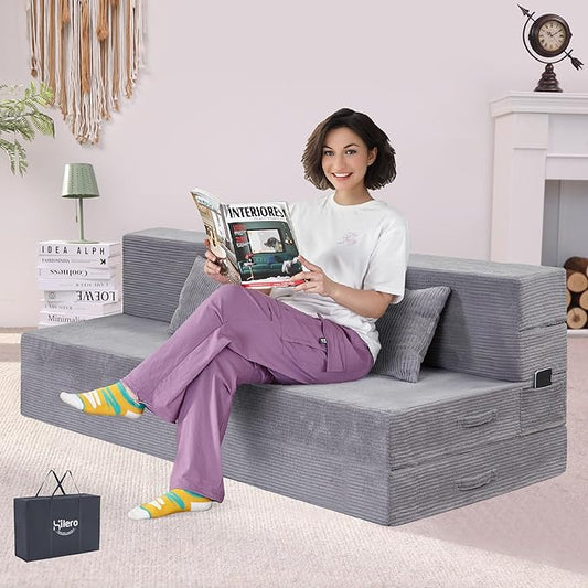 Folding Sofa Bed, 4 in 1 Convertible Sleeper Chair with Pillow, Queen Memory Foam Fold Out Chair Bed, Modern Floor Futon Sofa Couch Mattress for Living Room/Guest/Apartment, Light Gray