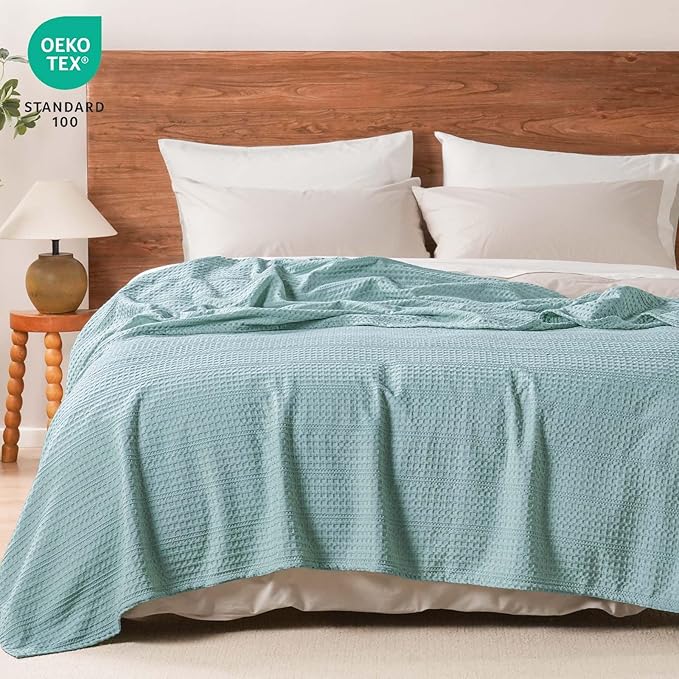 PHF Lightweight Waffle Weave Blanket King Size 104"x 90", Soft Woven Summer Blanket for Hot Sleepers - Aesthetic Home Decor for Couch Bed Sofa, Pet Friendly, Dusty Blue