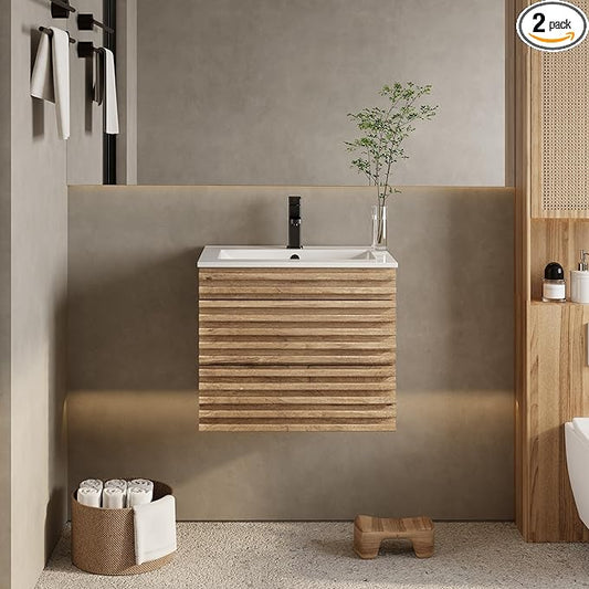 eclife 24" Floating Bathroom Vanity with Sink Combo Mid-Century Wall Mounted Cabinet with Wood Stripes Decor, Drawers, Undermount Sink, Faucet, Drain, Light Walnut