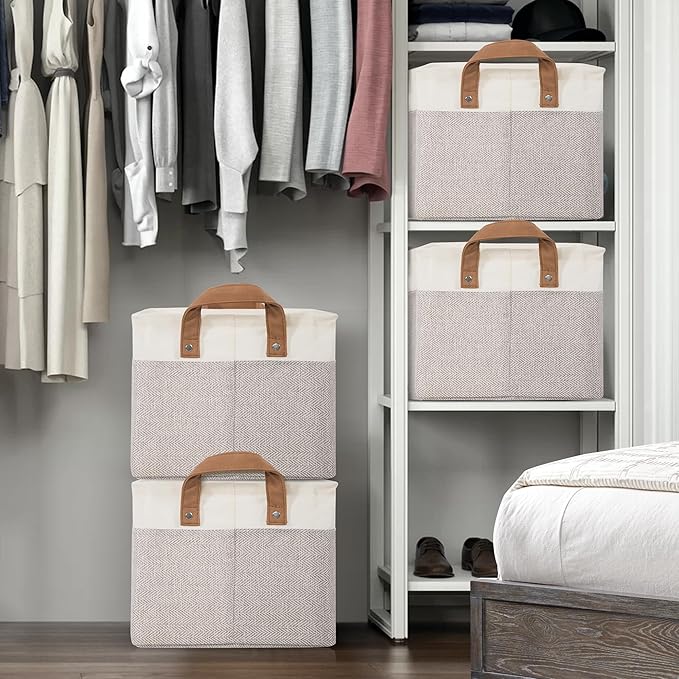 Storage Basket Bins with Metal Frame, Large Collapsible Fabric Storage Baskets for Organizing Shelf, Basket Organizer W/Handles for Toys, Towels, Laundry, Nursery, 2-Pack, White Grey