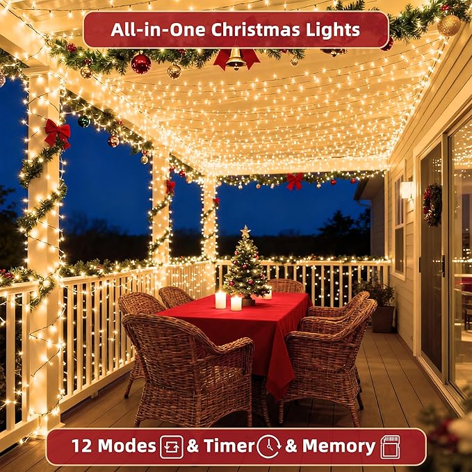 470ft Outdoor Christmas Lights, 1500 LED Super Long String Lights 12 Modes & Timer Memory, Dimmable Outsite Waterproof Light Strings for Xmas Tree Garden Wedding Party Holiday Decorations Warm White
