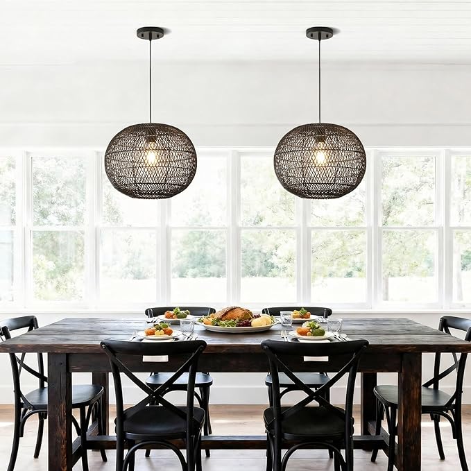 Black Rattan Pendant Light, 16in Globe Rattan Chandelier Boho Wicker Hanging Lighting Fixture Black Woven Chandelier for Dining Room Kitchen Island Living Room Bedroom Foyer Entrance