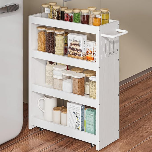 LIKIMIO 4 Tier Slim Storage Cart with Hooks, Wheels, Handle, Slide-Out Rolling Utility Cart for Small Spaces Kitchen, Narrow Mobile Shelving Unit Organizer Trolley, 23.6" L x 9.4" W