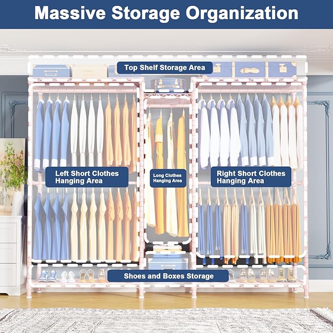 Ulif E12 Clothes Rack，Heavy Duty Freestanding Garment Rack with Shelves，Metal Clothing Closet Storage System for Hanging Clothes，71" W x 16" D x 76.5" H, Hold 960 lbs，Pink