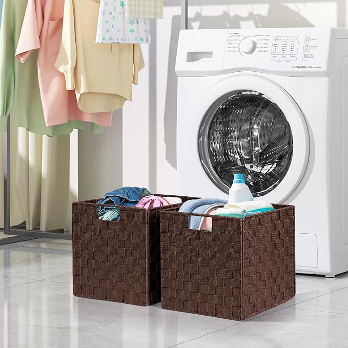 2-Pack Collapsible Ribbon Woven Storage Bins with Metal Structure, Shelf Basket, Pantry Organizer, Home Decorative Utility Cubes (11 x 11 x 11 in, Brown)