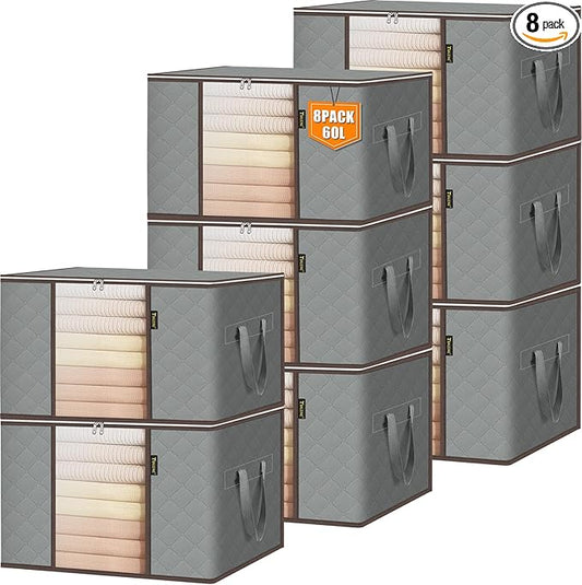 BALEINE 8 Pack Clothes Storage Bags, 16 Gallon Storage Containers with Reinforced Handle, Sturdy Zipper, Closet Organizer for Blanket, Comforter, Pillow, Bedding (Grey, 8 Pack)