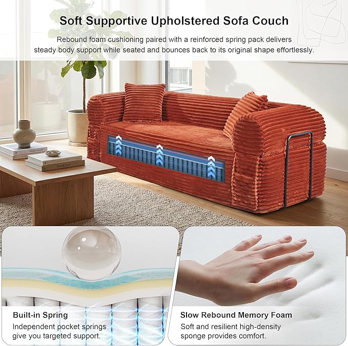 83'' Boneless Couch in A Box, No Assembly Needed Sofa Bed Couch 3 Seater Corduroy Modern Cloud Sofa 29'' Deep Seat with 2 Pillows & Removable Backrest for Living Room, Bedroom, Apartment, Orange | No Assembly Needed, High Density Foam, Removable Backre...