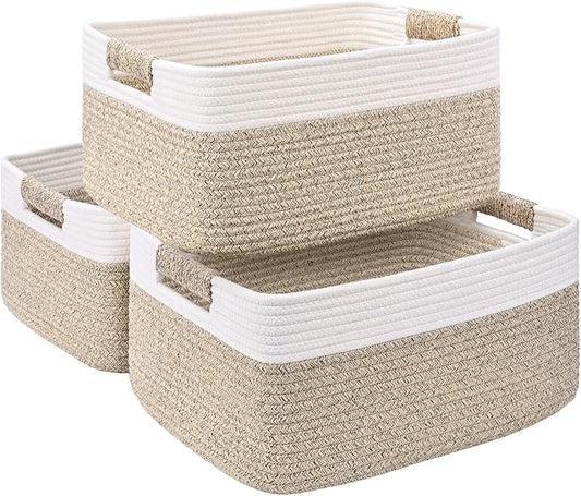 3 Pack Large Storage Basket for Organizing, 17.5"x13"x7" Woven Basket for Shelves, Closet Cube Storage Bins with Wrapped Handle, Cotton Rope Baskets for Kitchen, Clothes, Toys(Off White & Brown)