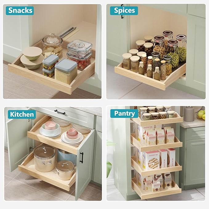 ROOMTEC Pull Out Cabinet Organizer with Soft Close, 13-1/2" W x 21" D, Pull Out Cabinet Drawer for Kitchen cabinets, Pull Out Cabinet Shelf, Finished, Bottom Assembly, 2PCS