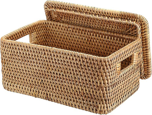 Hipiwe Rattan Basket with Lid Rectangular Lidded Basket Natural Hand-Woven Wicker Storage Basket Bin for Shelf Organizing Picnic Food Bread Table Storage Basket, 12"x7.9"x 5.9"