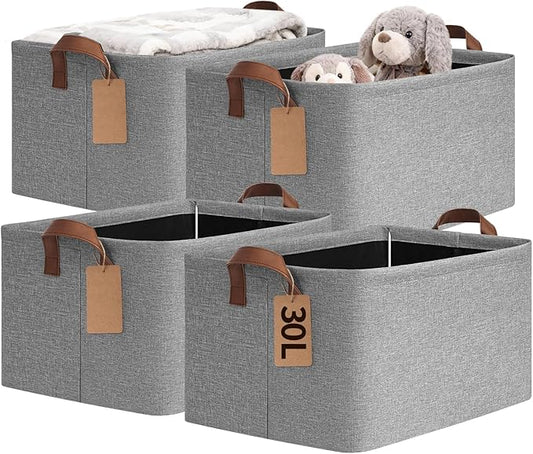4 Pack Large Storage Baskets for Shelves, Foldable Storage Bins for Clothes Towels Organization, Toy Organizer Bins for Nursery, Living Room, 16.8" x 11" x 9.8", Gray