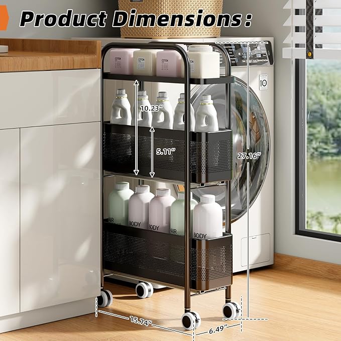 Slim Storage Cart 3 Tier with Pull Out Metal Basket Bathroom Organizer Rolling cart, Installation-Free Rolling Utility Cart Slide Out Organizer for Kitchen, Bathroom, Laundry (Black, 3 Tier)