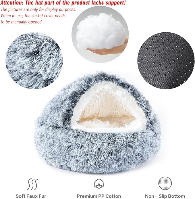 NOYAL Round Hooded Donut Dog Bed for Small & Medium Pets - Plush Fluffy Anti-Anxiety Cat Cave Bed with Cover