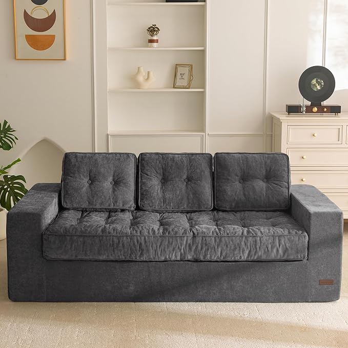 MAXYOYO Boneless Sofa Couch, 75" Oversized Loveseat Sofa, Tufted Floor Couch Bean Bag Chair for Living Room Bedroom Apartment, Sofa in a Box, No Assembly Needed, Dark Grey