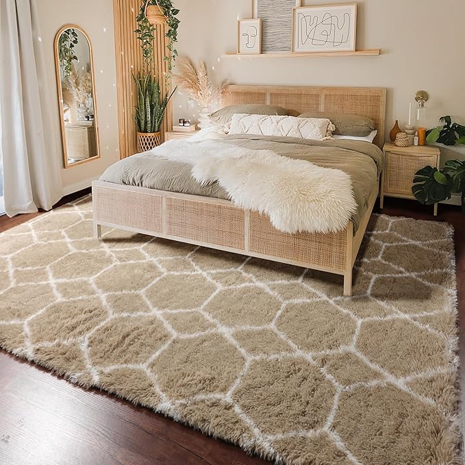 ONASAR 8x10 Area Rugs for Living Room, Fluffy Beige and White Bedroom Rug, Geometric Boho Large Soft Plush Shaggy Fuzzy Floor Carpet for Nursery Kids Classroom Playroom Dorm Home Decor