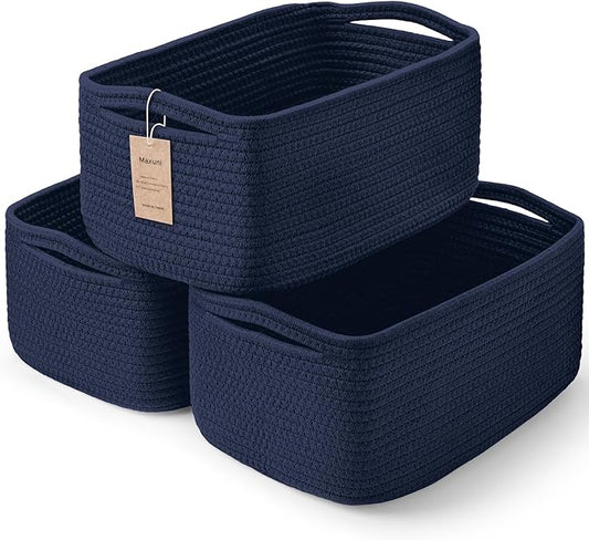 3-Pcs Shelf Baskets for Organizing, Closet Organizer Bins, Small Woven Baskets, Rope Toy Basket, Storage Basket for Shelves, Cube Decorative Box, 11.8×7.8×5.1”|Navy Blue