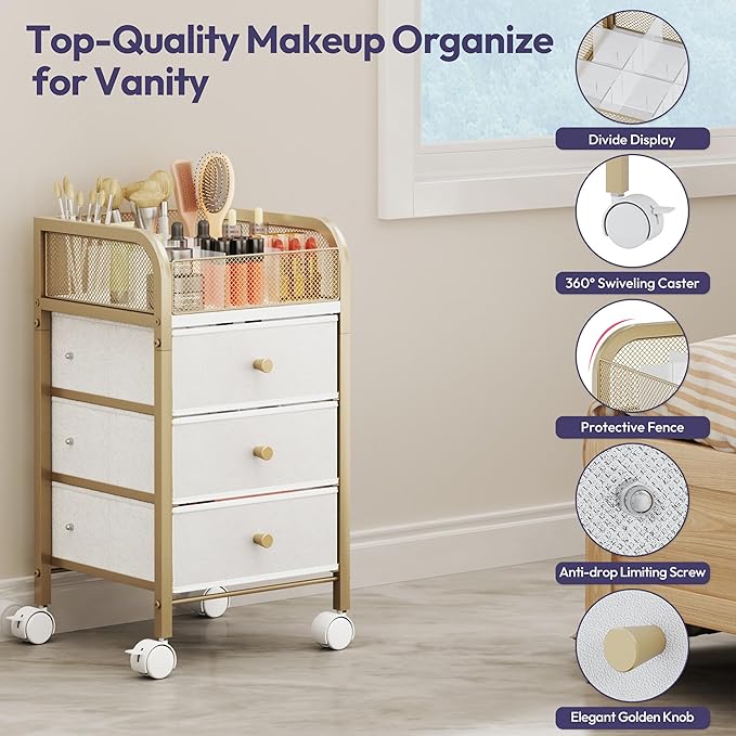 SWTYMIKI Rolling Makeup Organizer Cart - Floor Skincare Make Up Storage with 3 Non-woven Drawers, Vanity Organizer Cosmetic Display Cases Cabinet for Skin Care Perfume Nail Polish Brush Hair Tool