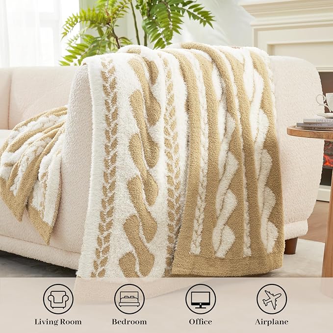 Amélie Home Knit Throw Blanket for Couch, Super Soft Fuzzy Cozy Throw, Giftable Knitted Blanket for Women Men, Birthday, Sofa Bed Living Room Decor, 50" x 60", Cable Beige & White