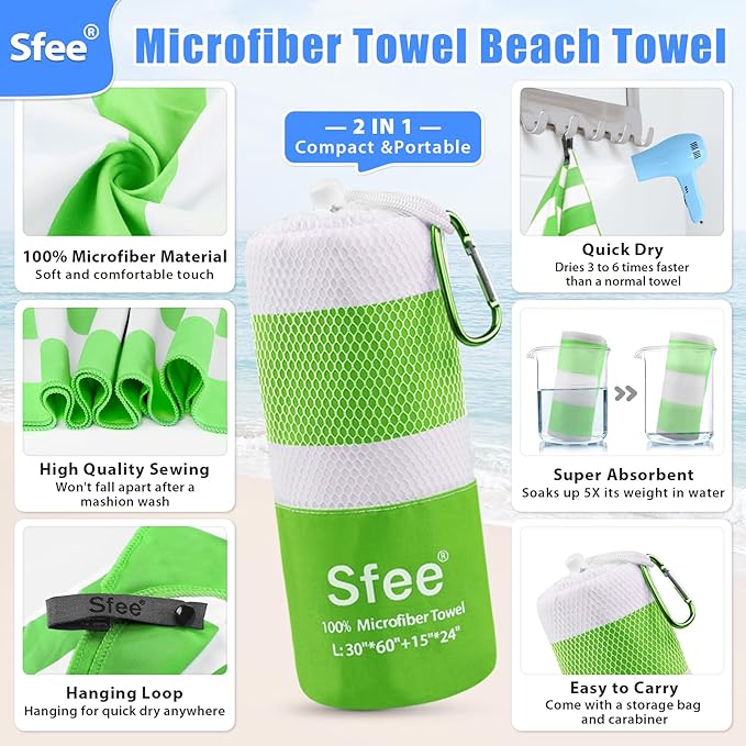 2 in 1 Microfiber Oversized Beach Towel, Quick Dry Towel Travel Towel Camping Towel Super Absorbent Compact Lightweight Sports Gym Towels for Beach,Gym, Hiking, Pool, Backpacking, Bath, Yoga