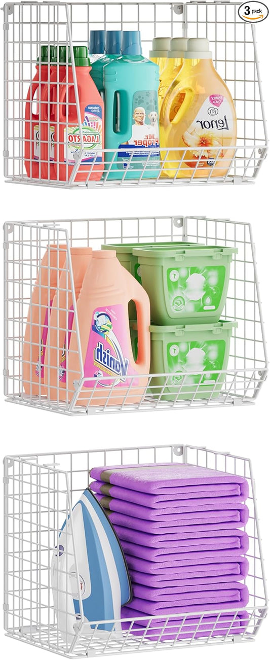 3 Pack Screw Mount Under The Wooden Shelf Laundry Room Organizer: Foldable Wire Basket Space Saving Over The Washer and Dryer - Laundry Organization and Storage, White Patent
