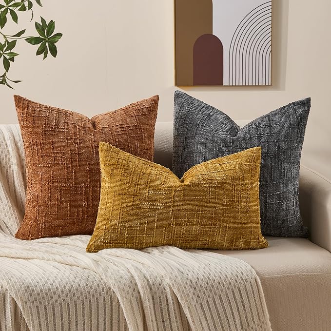 Decorative Couch Throw Pillow Covers 26x26 Set of 2 Dark Gray Soft Chenille Pillow Covers Neutral Textured Boho Cushion Covers for Modern Farmhouse Sofa Bedroom Living Room Decor SY008-E26