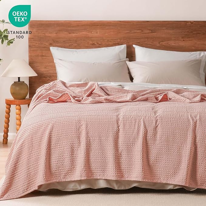 PHF Lightweight Waffle Weave Blanket King Size 104"x 90", Soft Woven Summer Blanket for Hot Sleepers - Aesthetic Home Decor for Couch Bed Sofa, Pet Friendly, Rose Pink