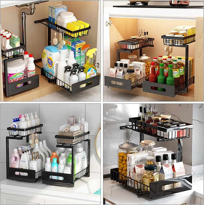 ADBIU Under Sink Organizer(10 Seconds Installation), 2 Packs 2 Tier Expandable Height (11" - 16") Bathroom Kitchen Organizers And Storage