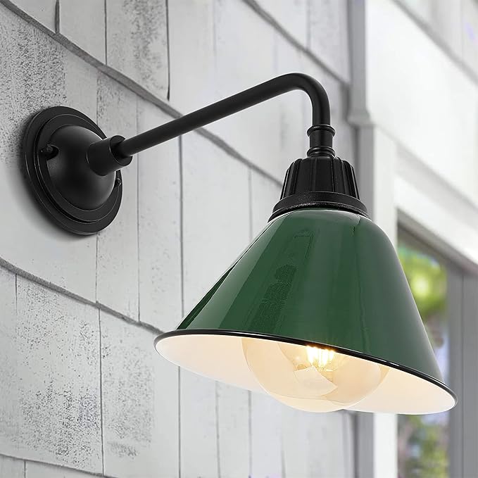 JONATHAN Y JYL7612F Croydon 9.63" 1-Light Farmhouse Industrial Indoor/Outdoor Iron LED Gooseneck Arm Outdoor Sconce Metal Bell Shade Vintage Cottage Rustic Porch Patio Yard Barn, Green