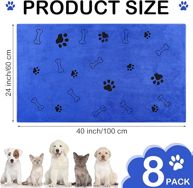 8 Pcs Dog Towels for Drying Dogs Cats Pet Towels Bulk Puppy Microfiber Quick Drying Paw Bath Bathing Supplies Absorbent for Medium Pets(Dark Blue,40 x 24 Inch)