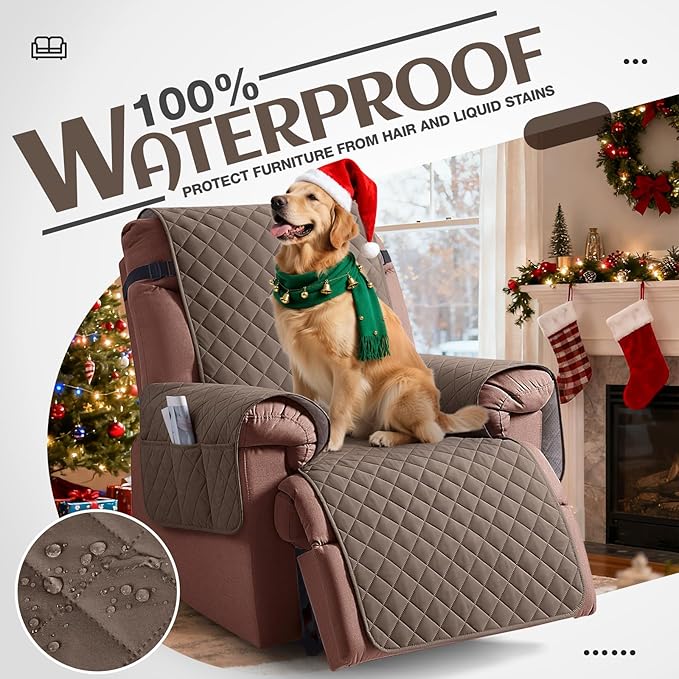 KinCam 100% Waterproof Recliner Chair Cover, Reclining Couch Covers for Pets, Dogs, Recliner Couch Slipcover Furniture Protector with Elastic Straps for Kids(23.6", Brown)