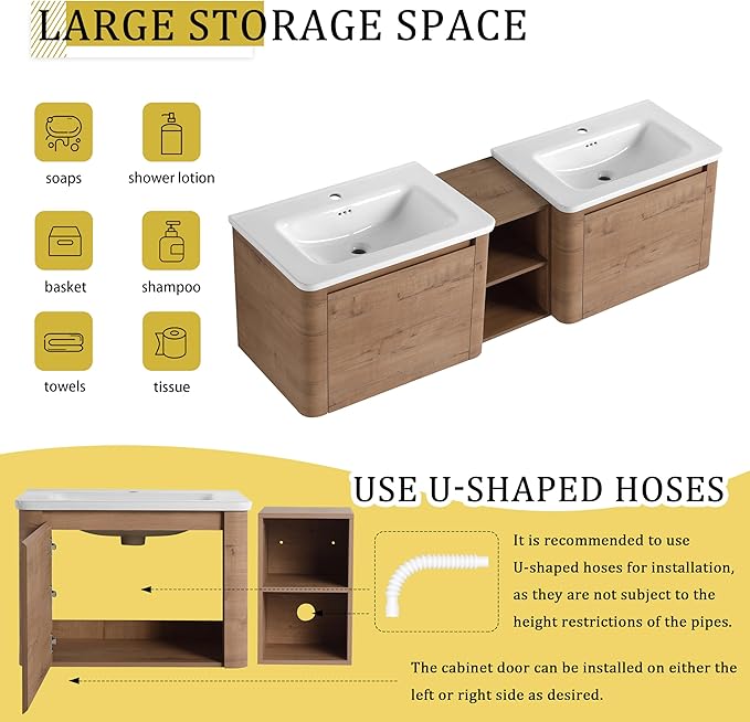 Wall-Mounted Bathroom Sink Vanity Set with White Ceramic Sink and Soft-Close Doors with Side Cabinet. (28'')